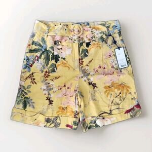 NWT Seductive Pants Yellow Floral Linen Blend High Rise Belted Short Size 42